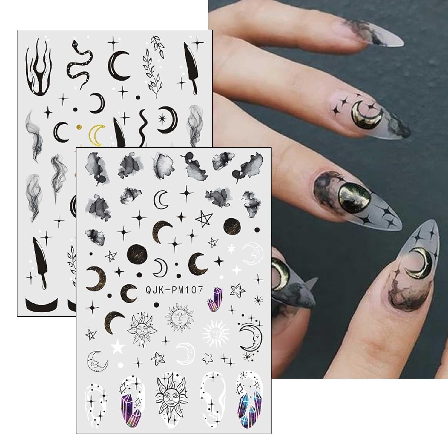 Jmeowio Nagelsticker Mond Stern Sonne 9 Blatt Nail Art Sticker Selbstklebend Nagelaufkleber Bunte Dekoration Nageldesign Zubehör