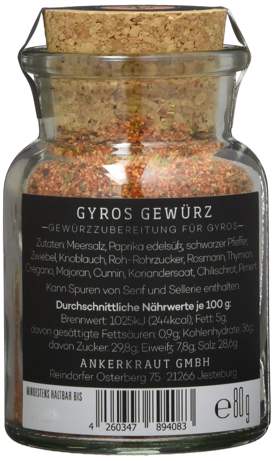 Ankerkraut Gyros, Gewürzmischung für Gyros, egal ob aus der Pfanne oder vom Grill, mit Zwiebel, Knoblauch, Majoran, Kreuzkümmel, Piment und mehr, 80 g im Korkenglas