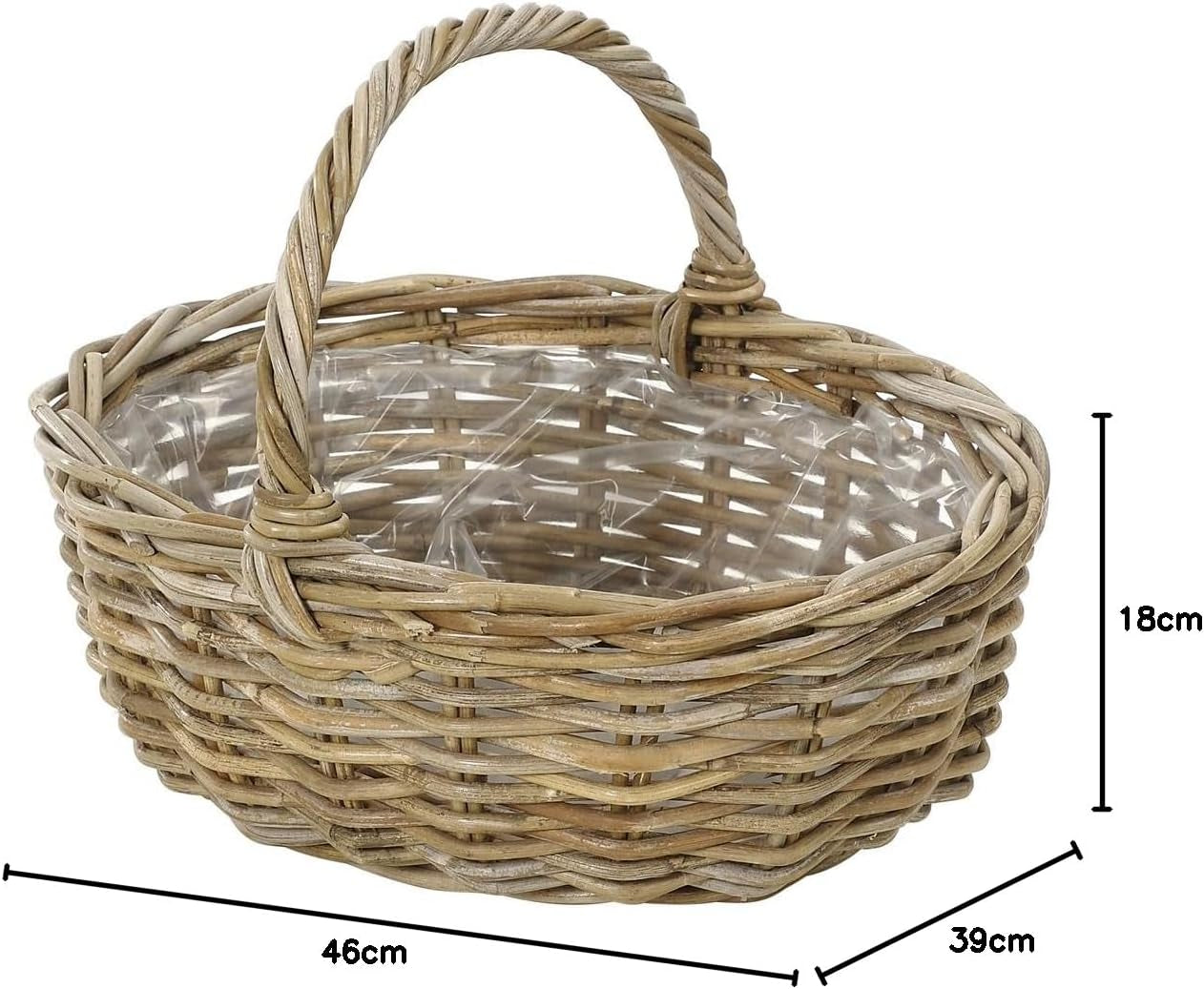 Coș de flori Dehner din ratan cu mâner, aprox. 46 x 39 x 18 cm, țesătură de ratan, gri/maro