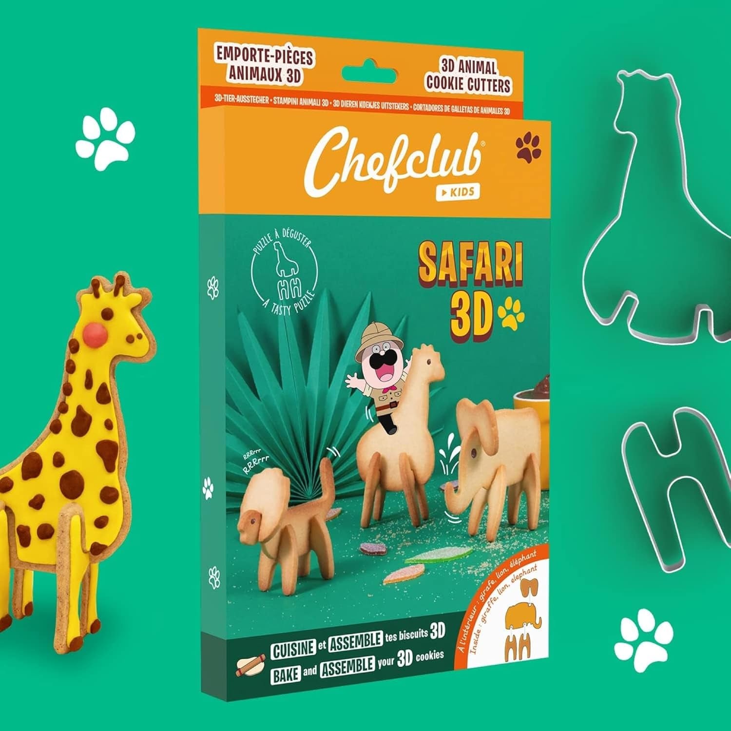 Chefclub Kids - Forme de biscuiți 3D Safari – Creați biscuiți originali cu copiii dumneavoastră – Leu, Elefant, Girafă