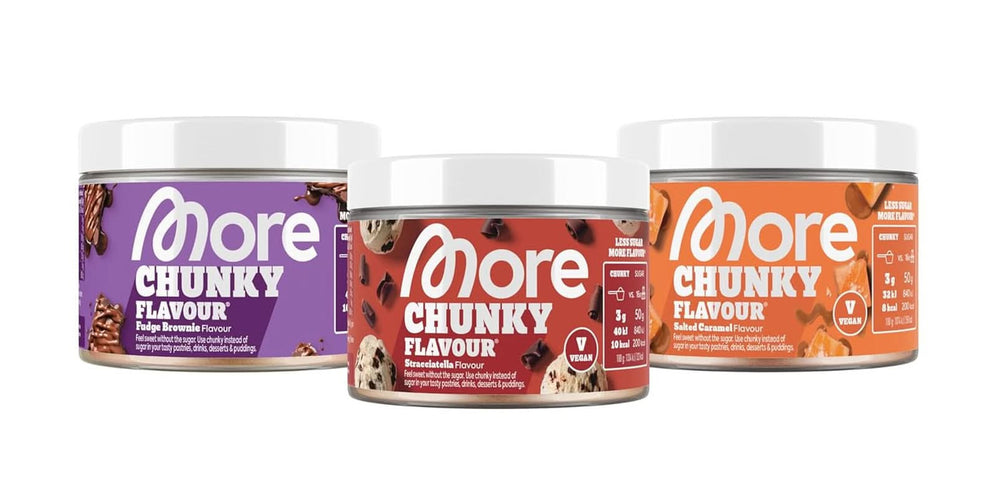 MORE Chunky Flavour, Blueberry Cheesecake, Aromapulver zum Süßen mit Inulin und Laktase, 150 Gramm Süßstoffe Naty Shop 150 G (3er Pack) Gemischt (Fudge Brownie, Salted Caramel, Stracciatella)