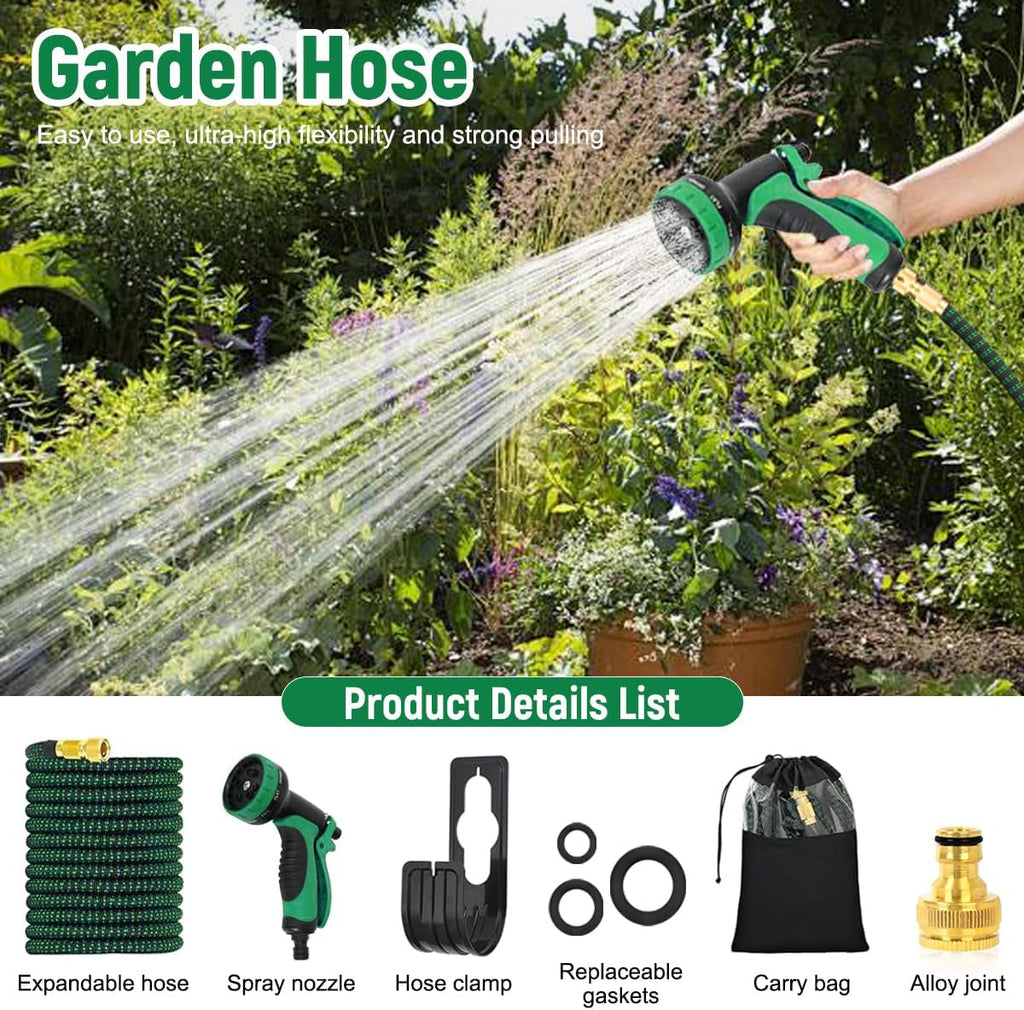 Furtun flexibil de grădină 30m/100ft verde, cu duză de pulverizare și conectori din alamă de 3/4" și 1/2", furtun de apă extensibil cu 10 funcții, extensibil de 3 ori, fără îndoituri, pentru grădină, podea, terasă, mașină