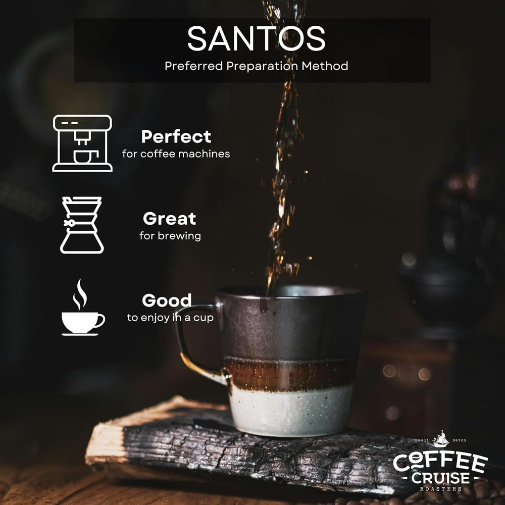 COFFEE CRUISE Santos Kaffeebohnen 1kg - Mittlere Röstung - Aroma Karamell - Für Alle Kaffeemaschinen - 100% Arabisch