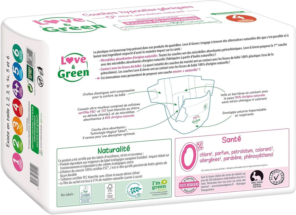 Love & Green, chlorfreie Windeln, Packung für 1 Monat, Größe 4 Mutter und Kind Naty Shop