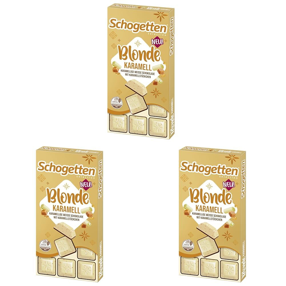 Schogetten Blondes Karamell | Karamell mit weißer Schokolade und Karamellstückchen | Schokoriegel 100g | Praktisch portioniert