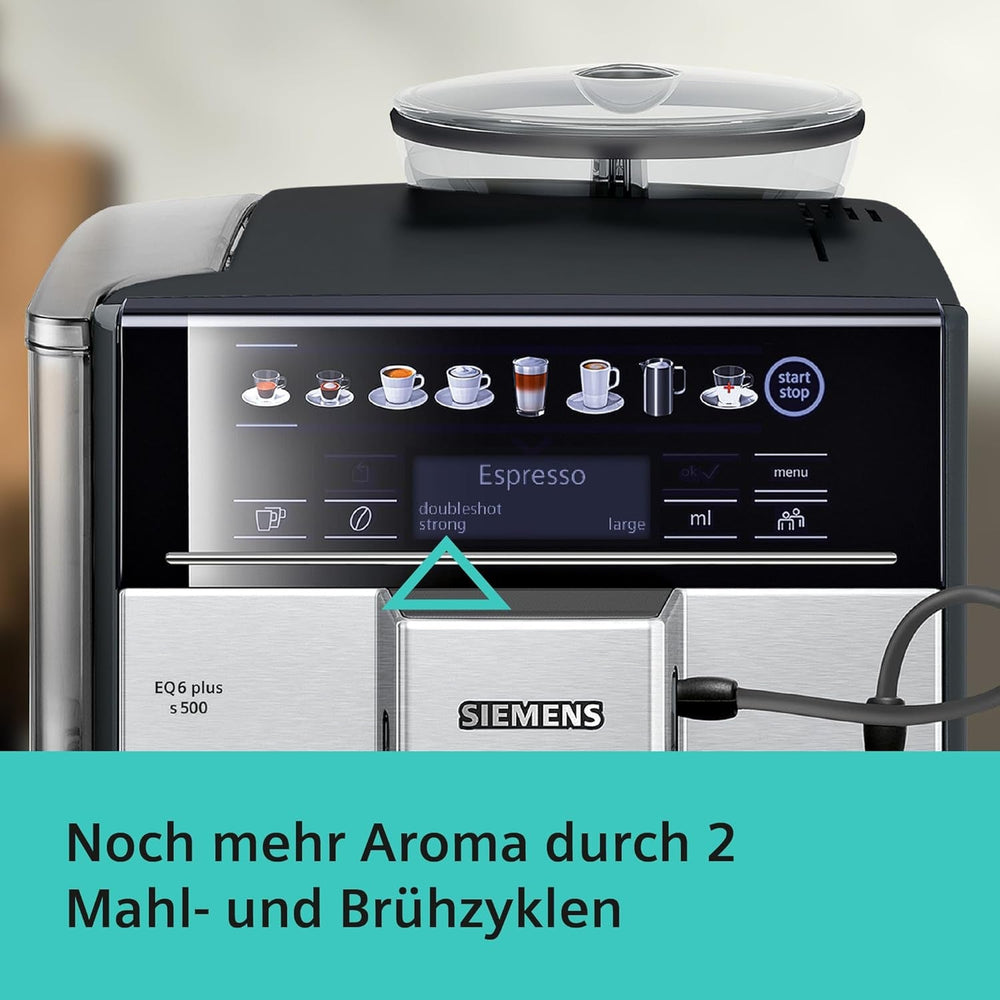 Espressor automat Siemens EQ.6 plus s300 TE653501DE, pentru multe specialități de cafea, spumator de lapte, râșniță ceramică, funcție dublă de cafea, anticalcar, curățare automată cu abur, 1500 W, argintiu