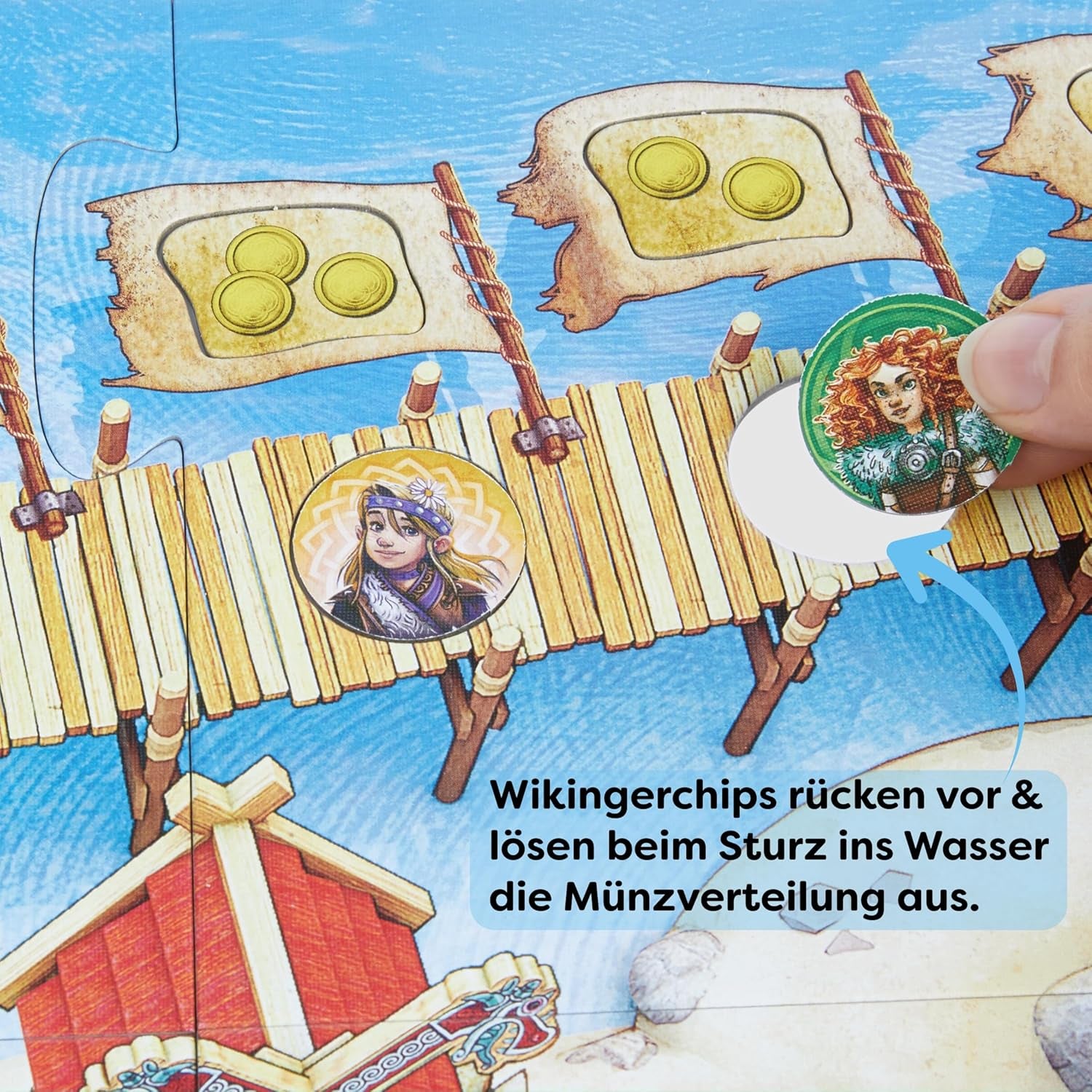 HABA Tal der Wikinger – Schnelles Geschicklichkeitsbrettspiel ab 6 Jahren für 2–4 Spieler – XXL-Spielbrett und 3D-Wikingerschiffe – Fördert Taktik und Mut – 1304697001