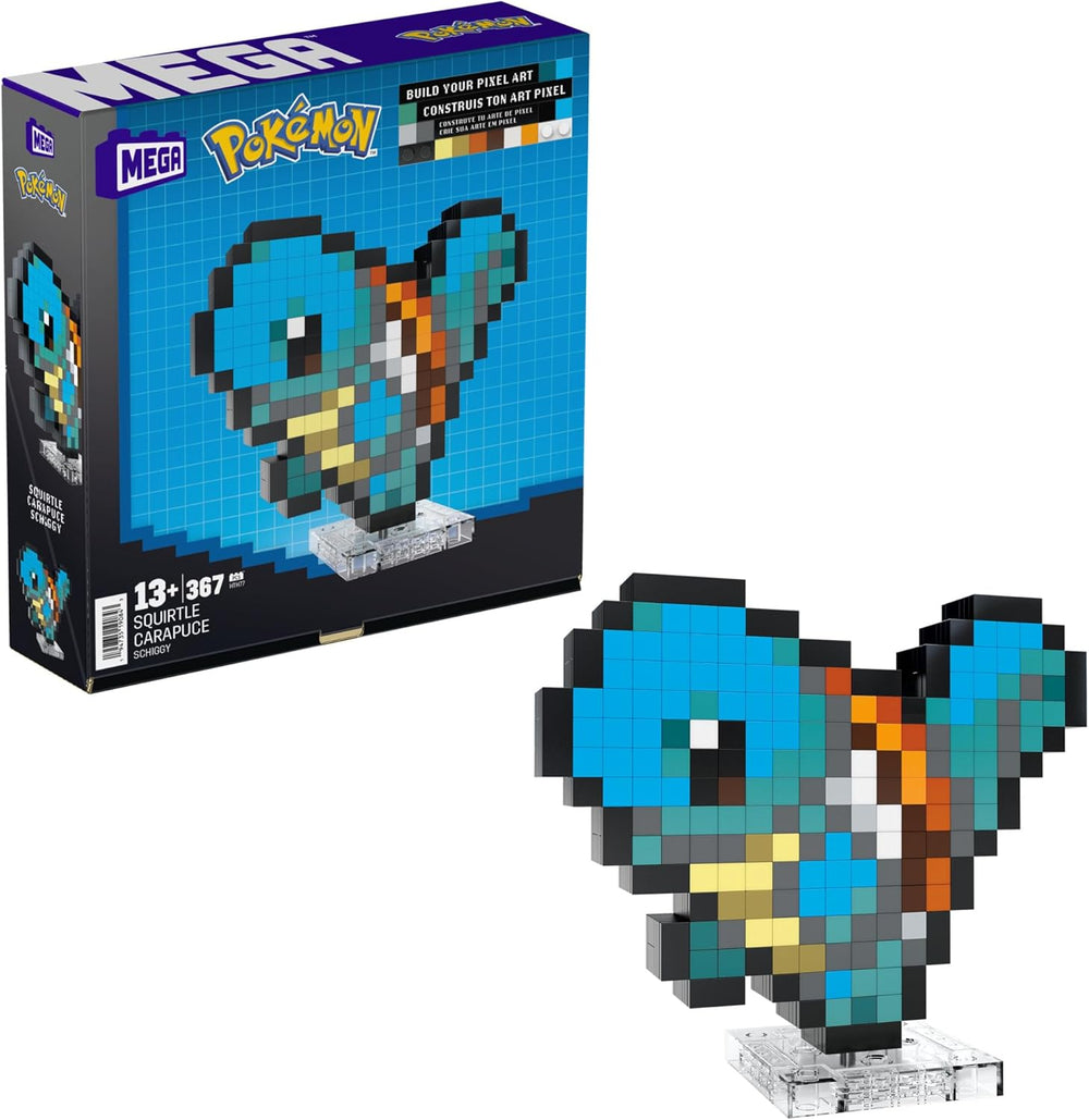 MEGA Pokémon Schiggy - zusammenbaubare Figur im Retro-Look, Pixel Art, 15 cm groß, inklusive Basis zur Wandmontage, für Erwachsene und erfahrene Sammler, HTH77