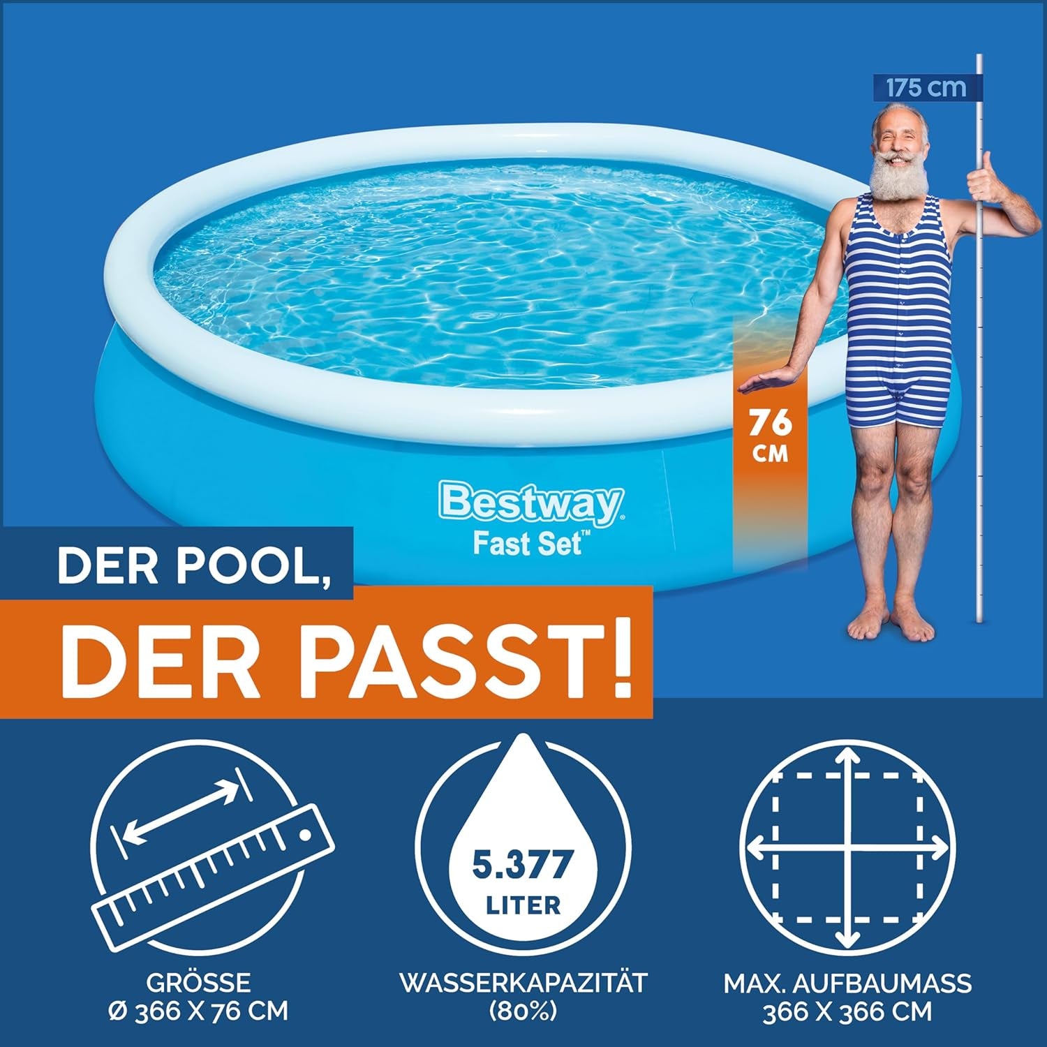 Bestway Fast Set Pool, ohne Pumpe, blau, 366 x 76 cm, ohne Zubehör