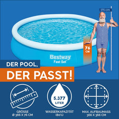 Bestway Fast Set Pool, ohne Pumpe, blau, 366 x 76 cm, ohne Zubehör