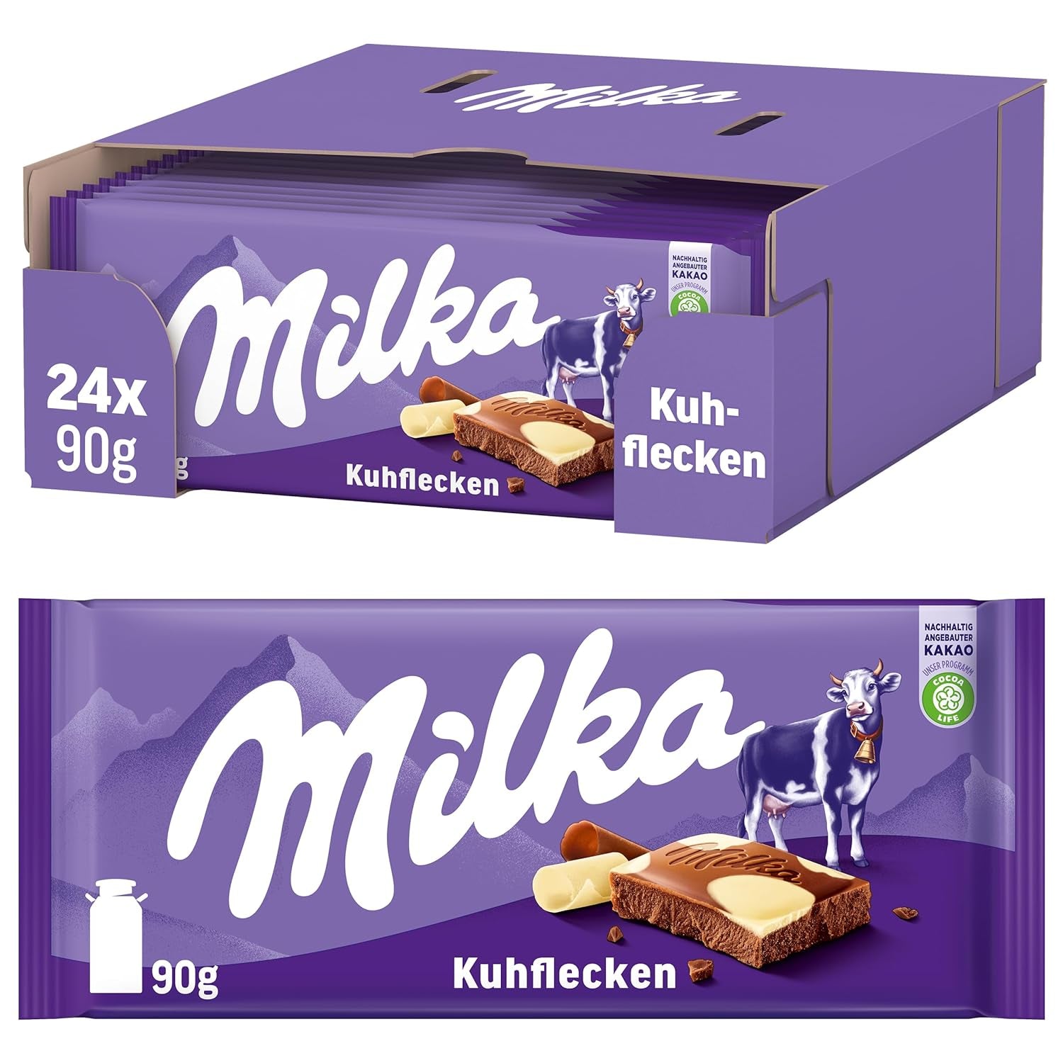 Milka Cow Spots – Alpenmilchschokolade mit weißer Schokolade im Kuhspot-Design – 24 x 90g