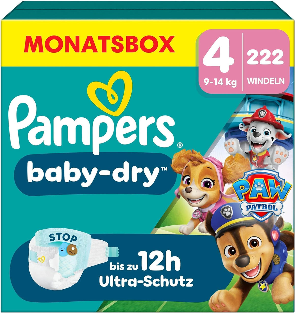 Pampers Baby-Dry Puppy Patrol Edition Windeln, Größe 4, 222 Windeln, 9 kg – 14 kg, bis zu 100 % Auslaufschutz und Komfort die ganze Nacht