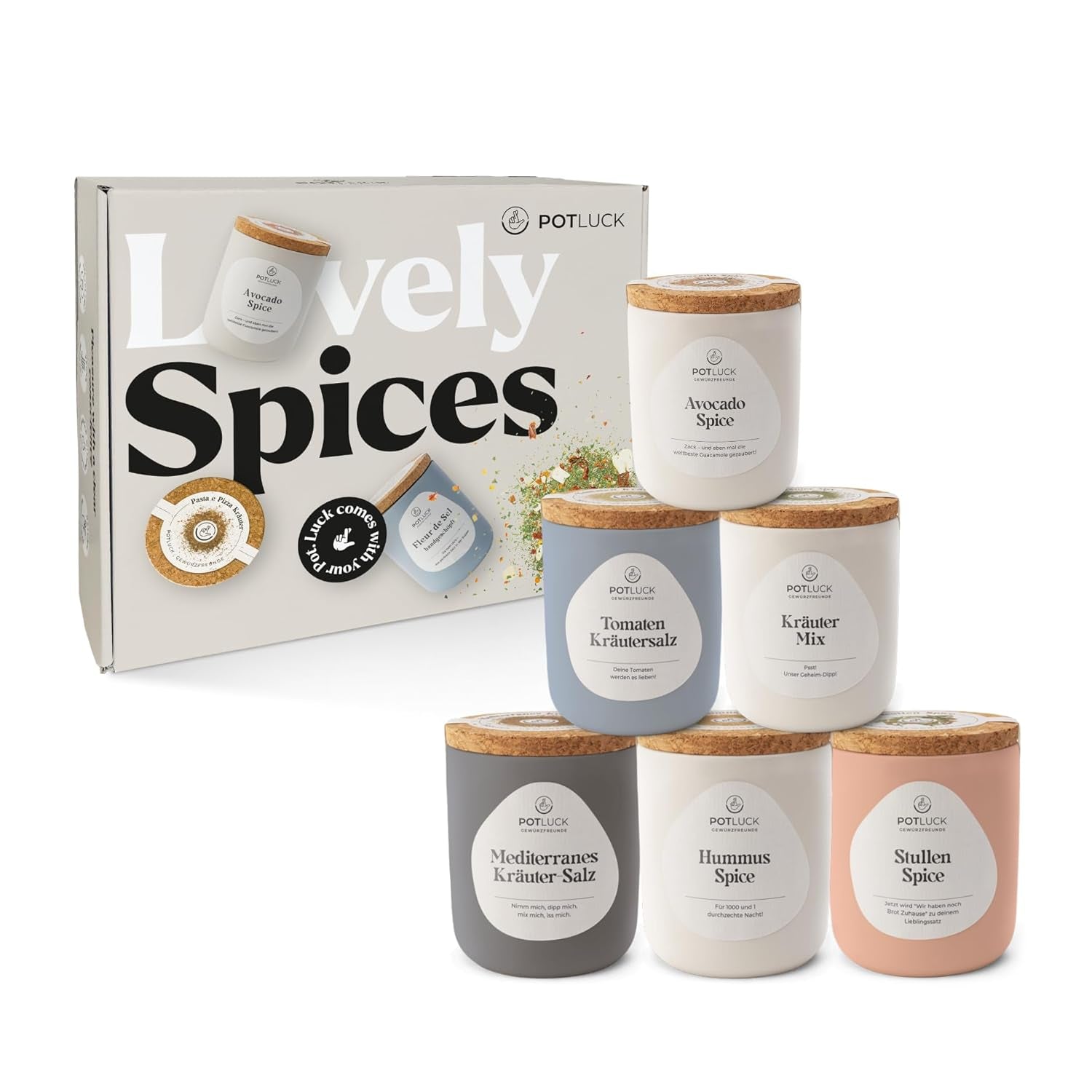 Potluck | Salatliebhaber 6er Set | Gewürzmischungen im Keramiktopf | Vegan, glutenfrei und mit natürlichen Zutaten