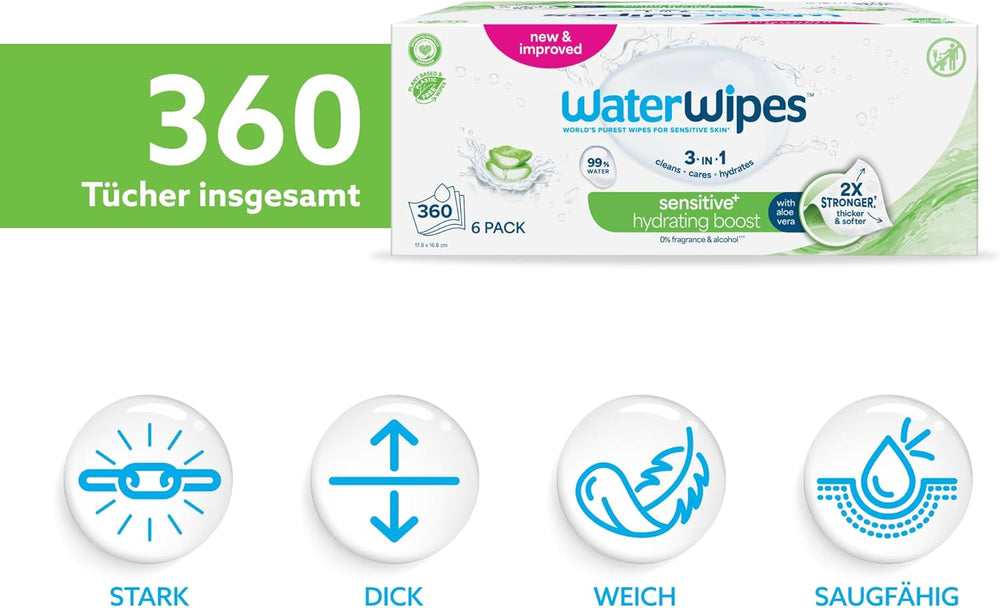 WaterWipes Sensitive+ Hydrating Boost Feuchttücher, feuchtigkeitsspendende Tücher, 360 Stück (6er-Pack), 3-in-1-Reinigung, Pflege, Hydratation, 99 % Aloe-Vera-Wasser, parfümfreie Babytücher
