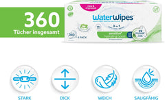 WaterWipes Sensitive+ Hydrating Boost Feuchttücher, feuchtigkeitsspendende Tücher, 360 Stück (6er-Pack), 3-in-1-Reinigung, Pflege, Hydratation, 99 % Aloe-Vera-Wasser, parfümfreie Babytücher