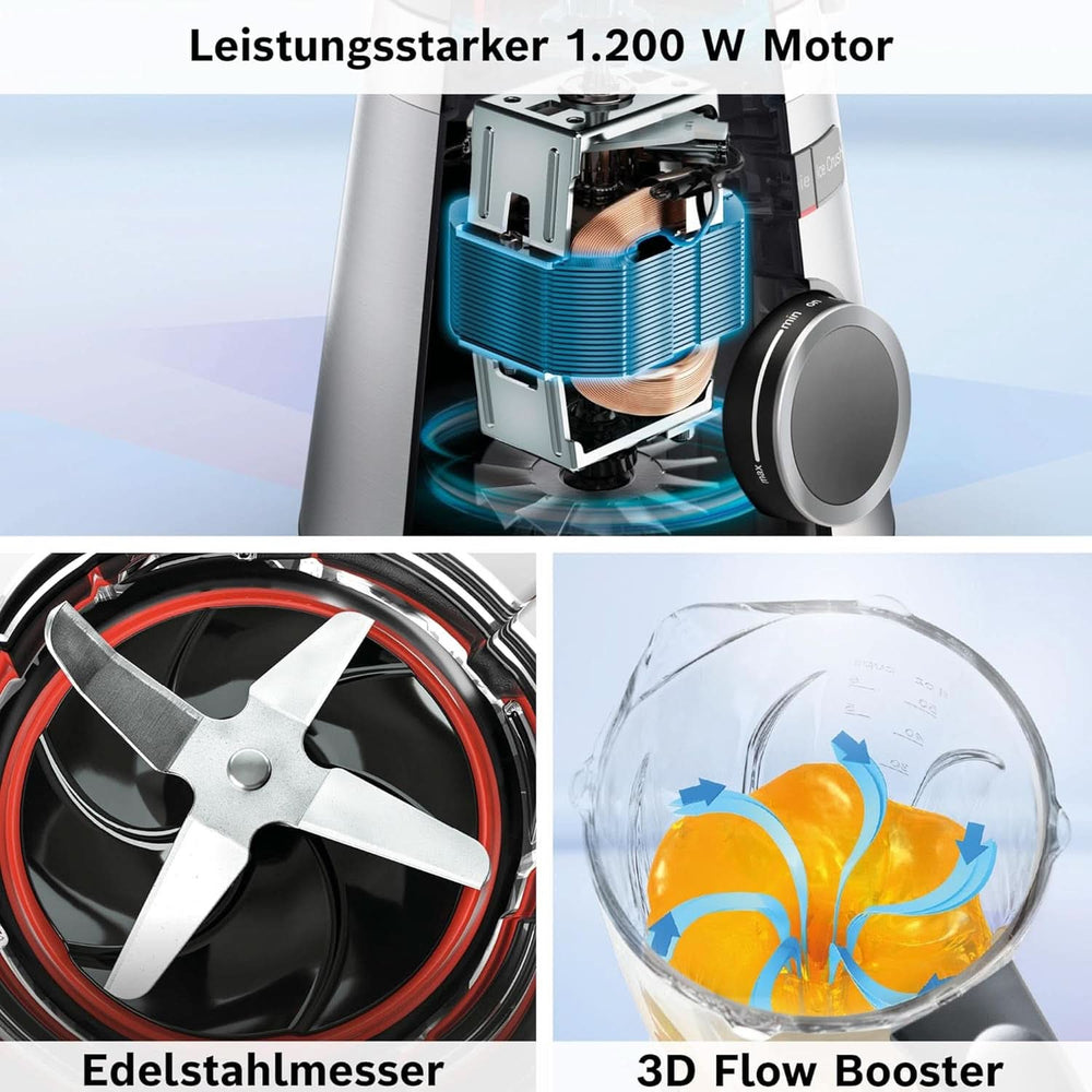 Bosch Standmixer Vitapower Serie 4 MMB6172SN, Verbesserte Version, 10 Jahre Motorgarantie, Edelstahl-Klingen, 1.5L Glasbehälter, Spülmaschinenfeste Teile, 30.000 U/Min, 1200 W, Silver Kitchen Naty Shop