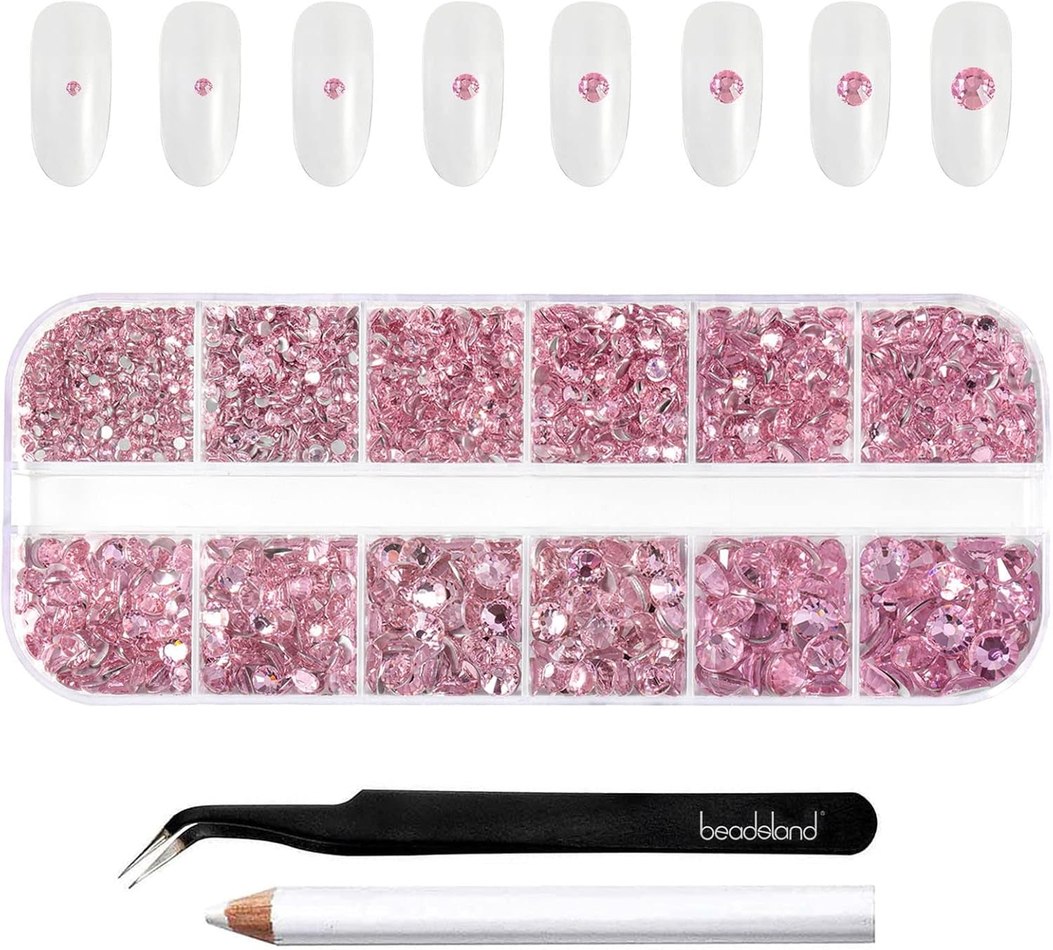 Beadsland 2500Pcs Glas Nailart Strasssteine Kristall Flatback Edelsteine Runde, ​​Für Handwerk Gemischt 8 Größen SS4 ~ SS30 Mit Picking Pinzette Und Stift (Kristall Weiss)
