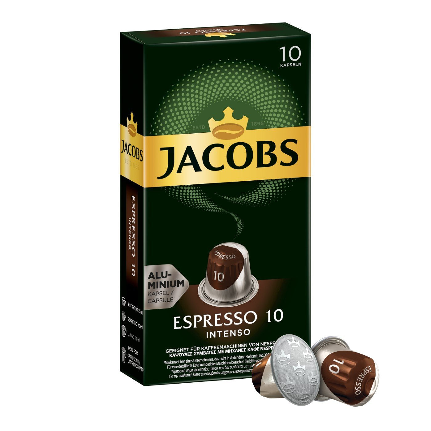 Jacobs Kapseln Lungo Intenso, Intensität 8 & Kapseln Espresso Intenso, Intensität 10,100 Nespresso®* kompatible Kaffeekapseln, 10er Pack, 10 x 10 Getränke