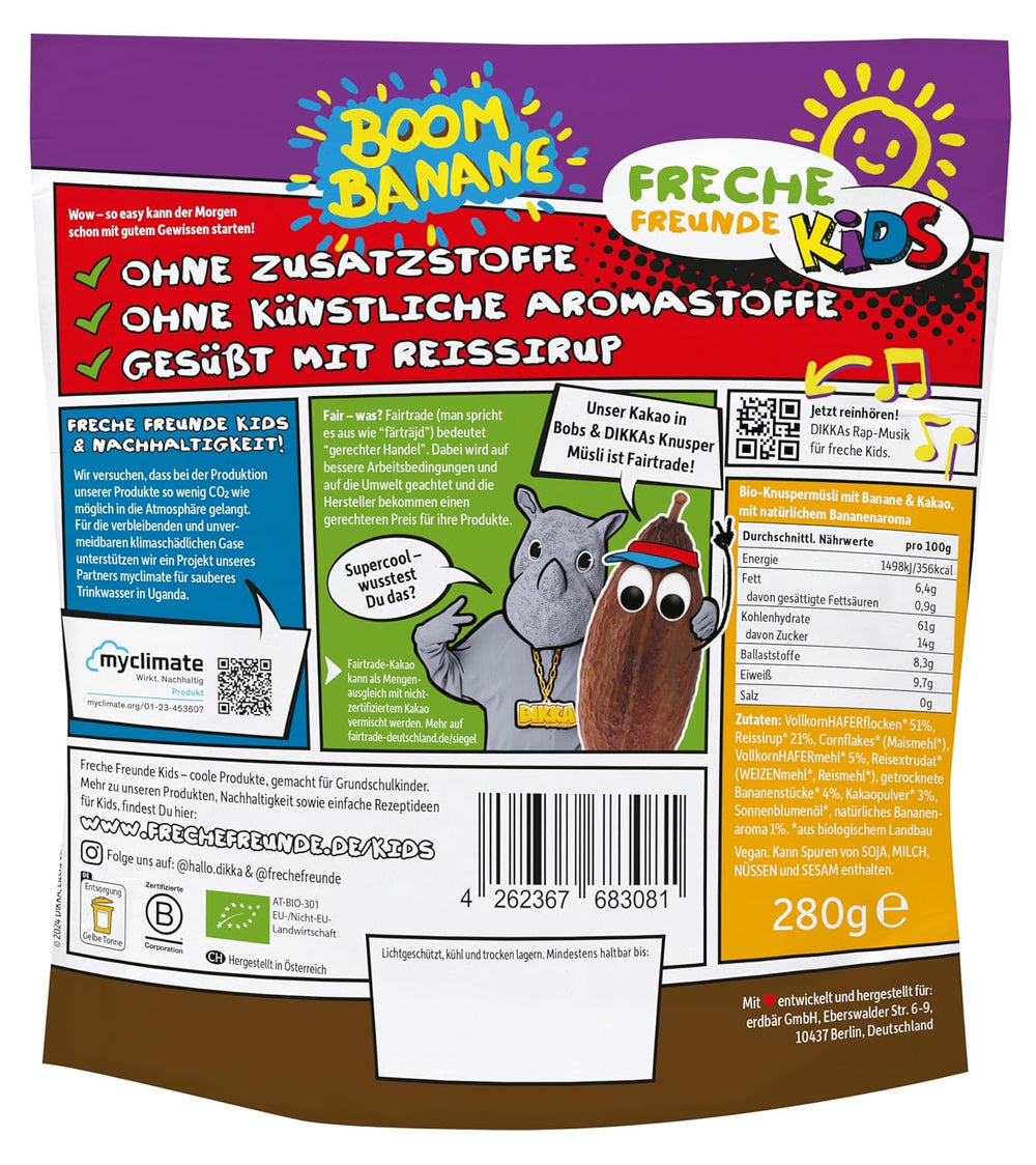 FRECHE FREUNDE KIDS, Bobs & DIKKAs Knuspriges Bananen-Kakao-Müsli, knuspriges Schokoladen-Müsli für Kinder, wenig Zucker, ohne Zusatzstoffe, 100 % vegan, 6 Stück (6 x 280 g)