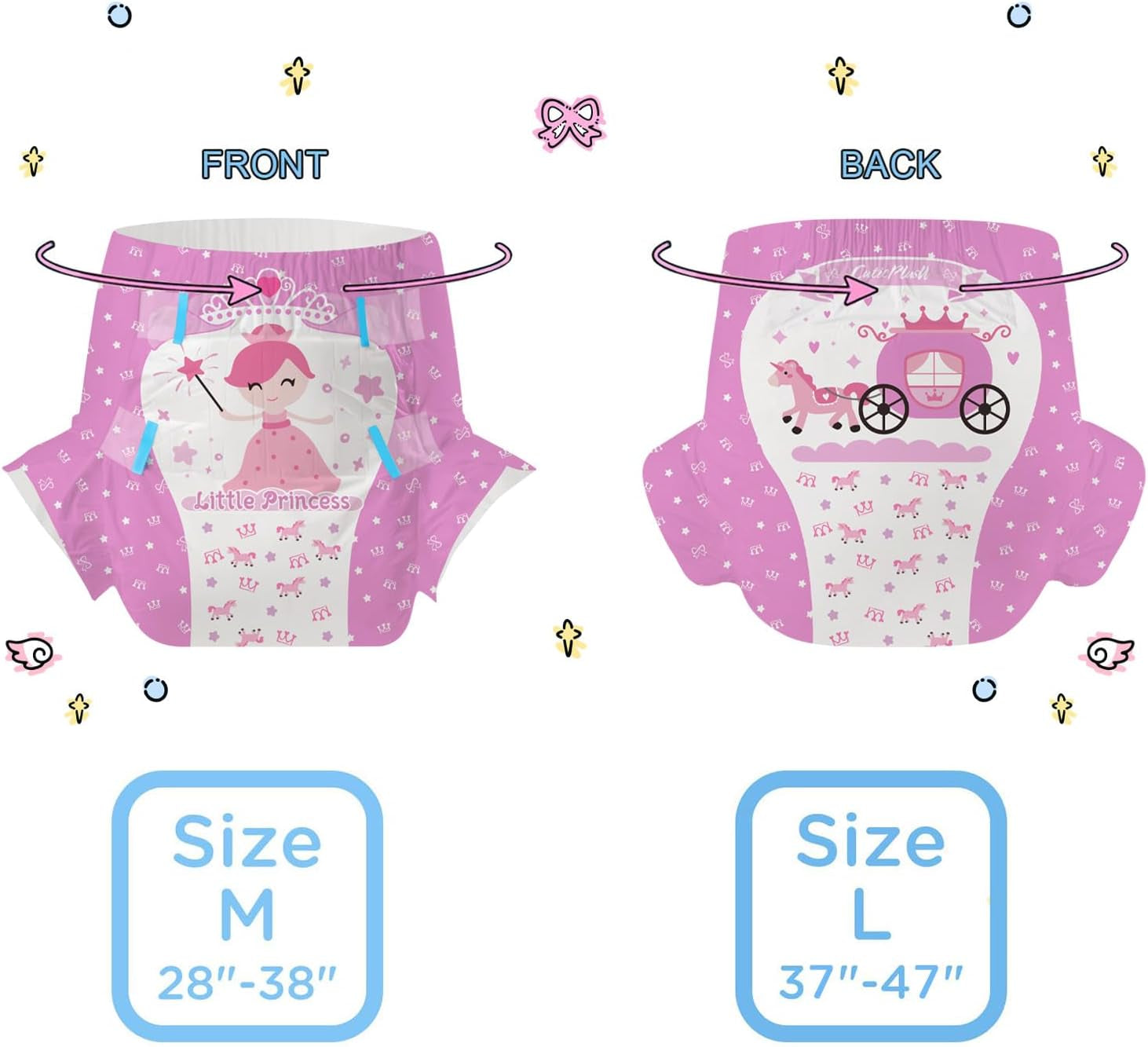 CutiePlusU Erwachsenenwindeln, 10 Stück, Einweg-Inkontinenzhöschen mit Laken für Damen und Herren, maximale Saugfähigkeit über Nacht – Kleine Prinzessin (große Größe 94–119 cm)