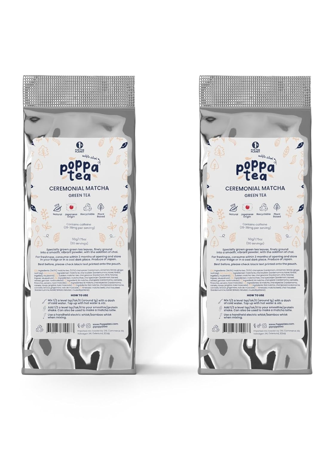 Poppatea Matcha Tea - Ceremonial - Frunze de ceai verde japonez (pungă de reumplere de 50 g, Matcha cu Chai)