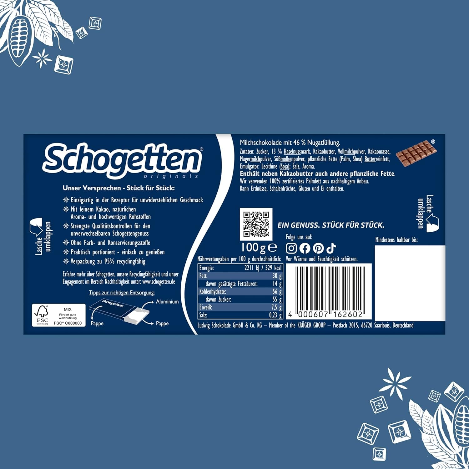 Schogetten Nougat Schokoriegel 100g, einzeln portioniert. Eine Freude. Stück für Stück.