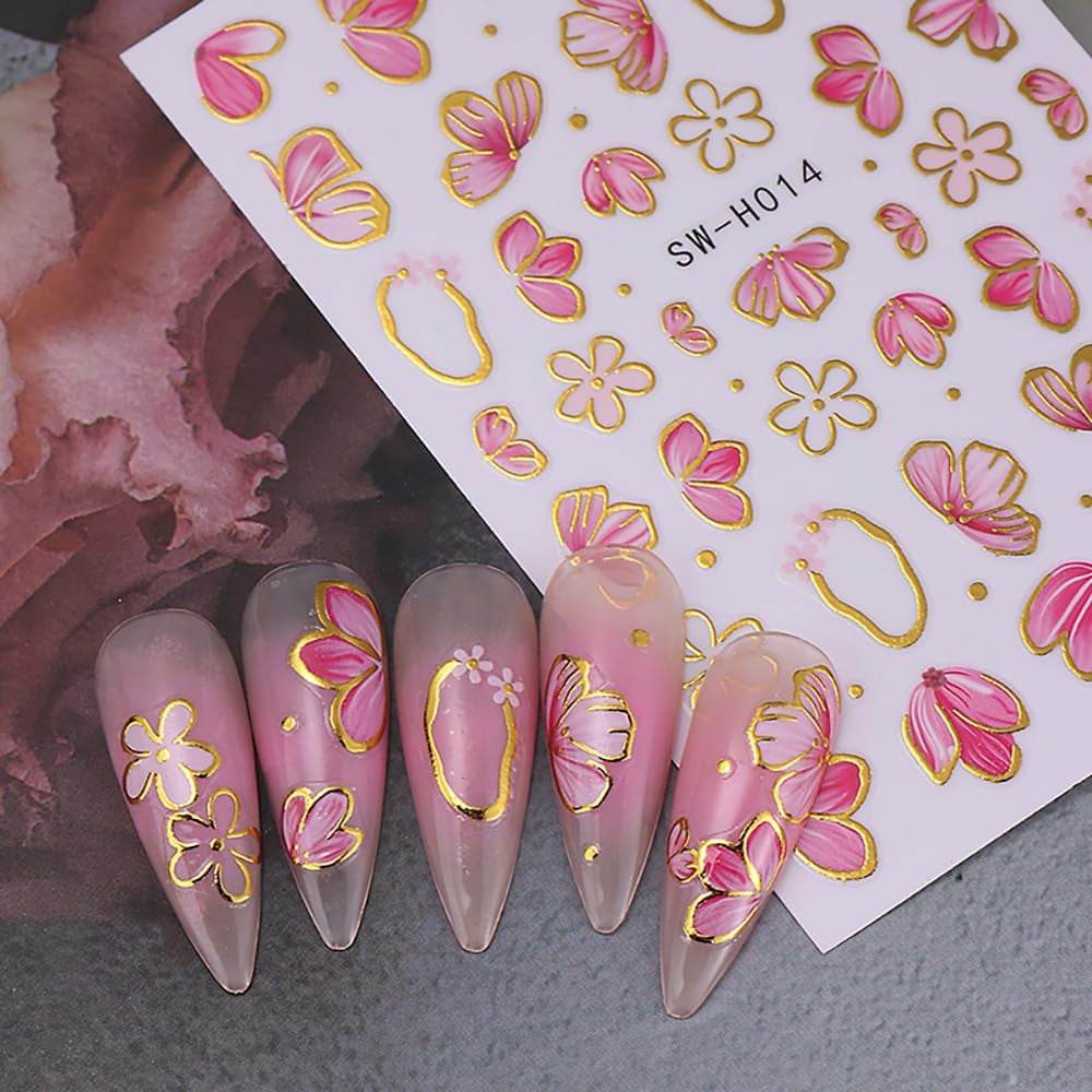 Gold Linie Schieber Rosa Nagelsticker Blumen 3D Flower Nail Sticker Sakura Blütenblätter Blumen Nagelaufkleber Frühling Sommer Floral Nagel Sticker Flowers Nagel Stickers Nageldesign Zubehör Nail Art