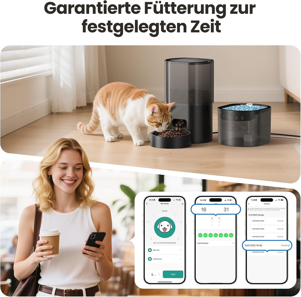 3L Automatischer Katzenfutterspender 2.5L Katzenbrunnen-Set, geräuscharmes App-steuerbares Fernfütterungsgerät mit 10 Mahlzeiten pro Tag, Anti-Verstopfungs-Design, ideal für Katzen & Welpen