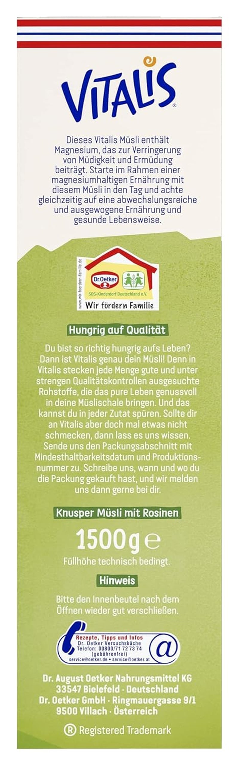 Dr. Oetker Vitalis Classic Knuspermüsli: Großpackung knuspriges Frühstücksmüsli mit Rosinen, 1 Packung, 1,5 kg