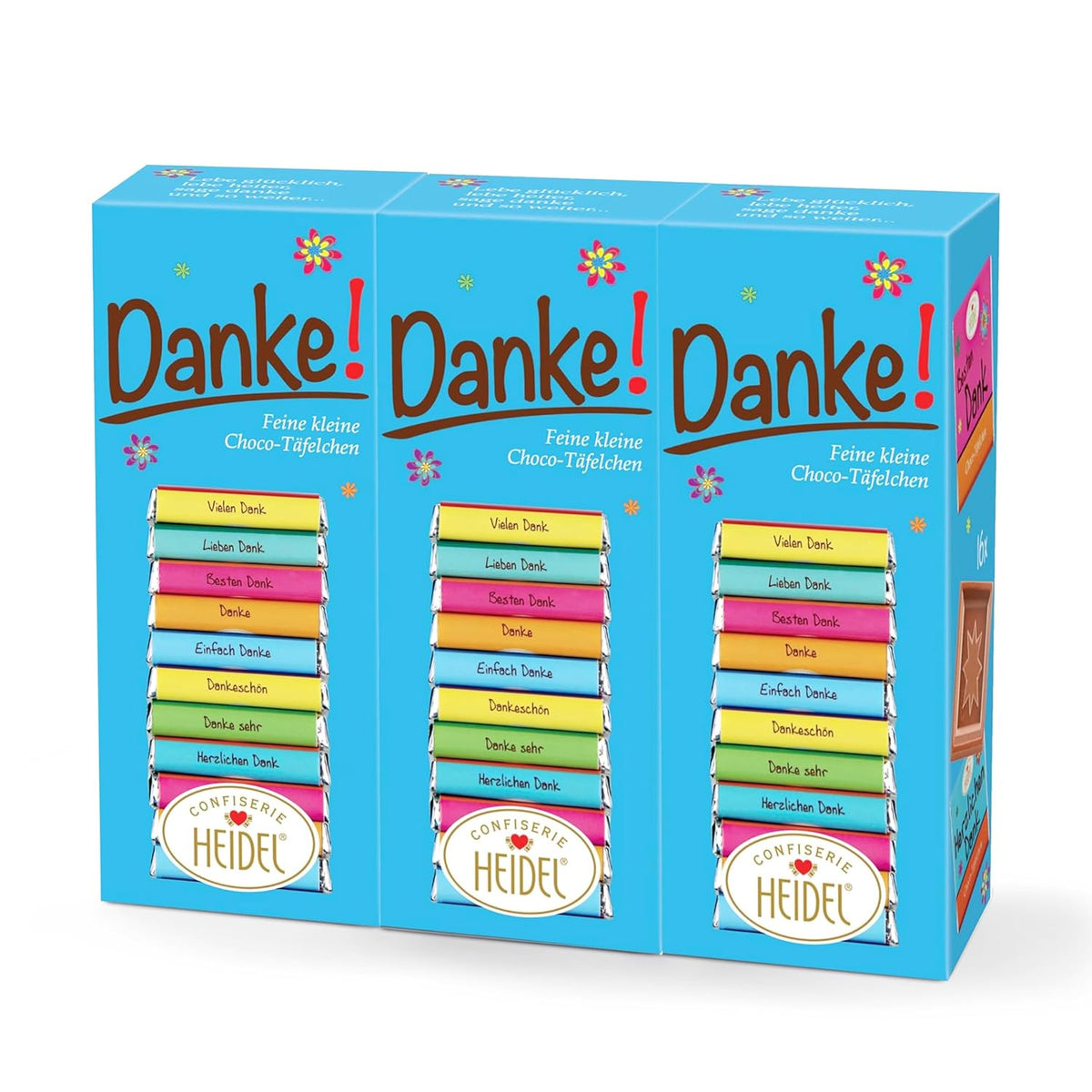 Heidel Thank You Milchschokoladentafeln 3x80g, 16 Minitafeln à 5g pro Packung, Verschiedene Dankesbekundungen, Exquisite Geschenkidee