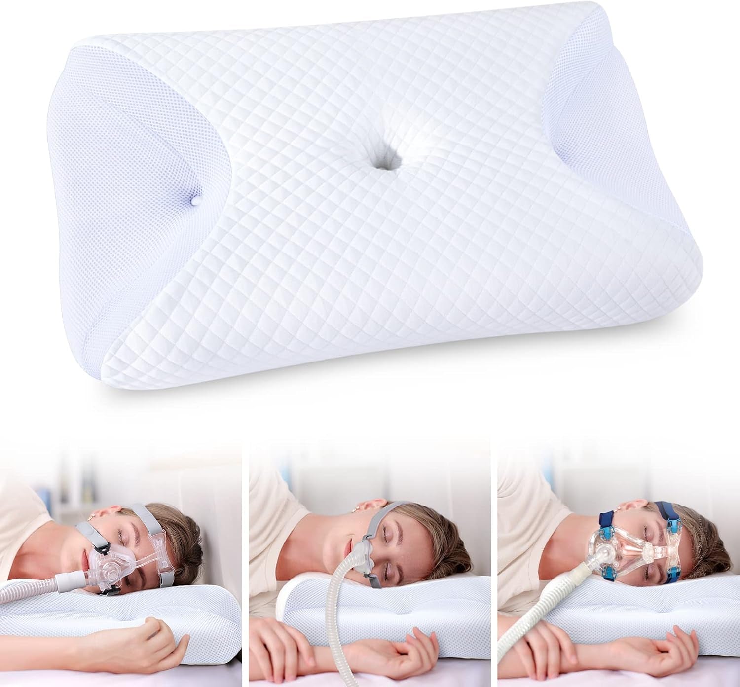 CPAP Memory Foam Cushion pentru toate măștile Cpap, pernă ergonomică pentru dormitorii laterali cu caneluri pentru măști Cpap și zonă de sprijin, reduce scurgerile de aer și presiunea măștii Perne ortopedice cervicale Naty Shop Alb 65X41X9/11Cm