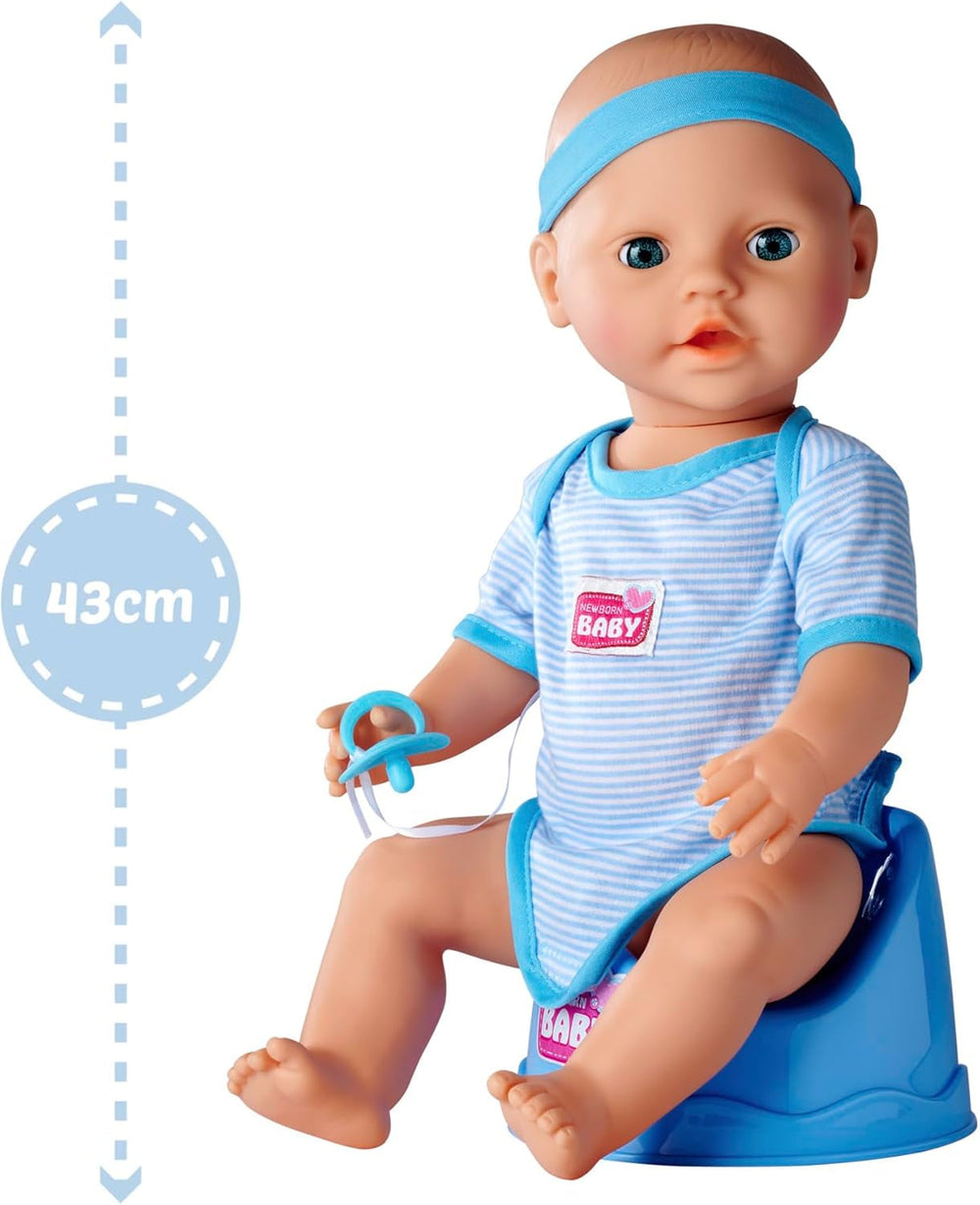Simba 105030044 - Păpușă nou-născută - Băiat, Păpușă din vinil integral cu ochi adormiți, funcție de băut și ud și accesorii, 8 piese, 43 cm, Păpușă bebeluș, vârste 3+