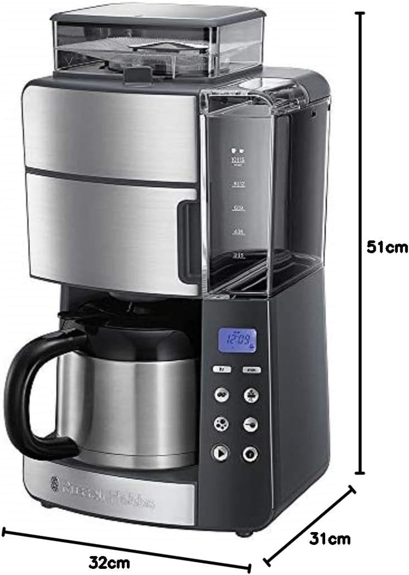 Cafetieră Russell Hobbs cu râșniță și carafă termică [temporizator digital, cap de duș pentru extracție și aromă optime] Grind&Brew (1-10 cești, 3 setări de măcinare) Cafetieră cu filtru 25620-56