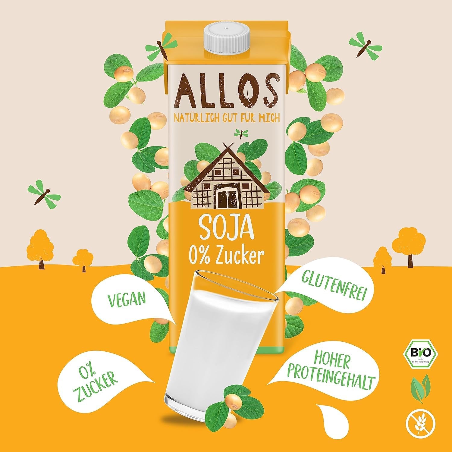 Allos Bio Sojadrink ohne Zucker | Milchalternative aus Soja | Sojagetränk | Getränk auf Pflanzenbasis | veganes Getränk | ohne zugesetzten Zucker | vegan | laktosefrei | 1 Liter (6 Stück)