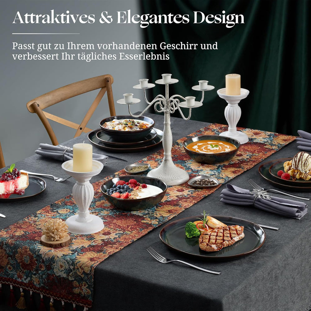 Set de veselă pentru 6 persoane, set de servire din gresie, format din 18 piese, boluri rotunde neregulate pentru cereale, farfurii de desert, farfurii de cină, rezistent la zgârieturi și potrivit pentru cuptorul cu microunde, verde mușchi reactiv