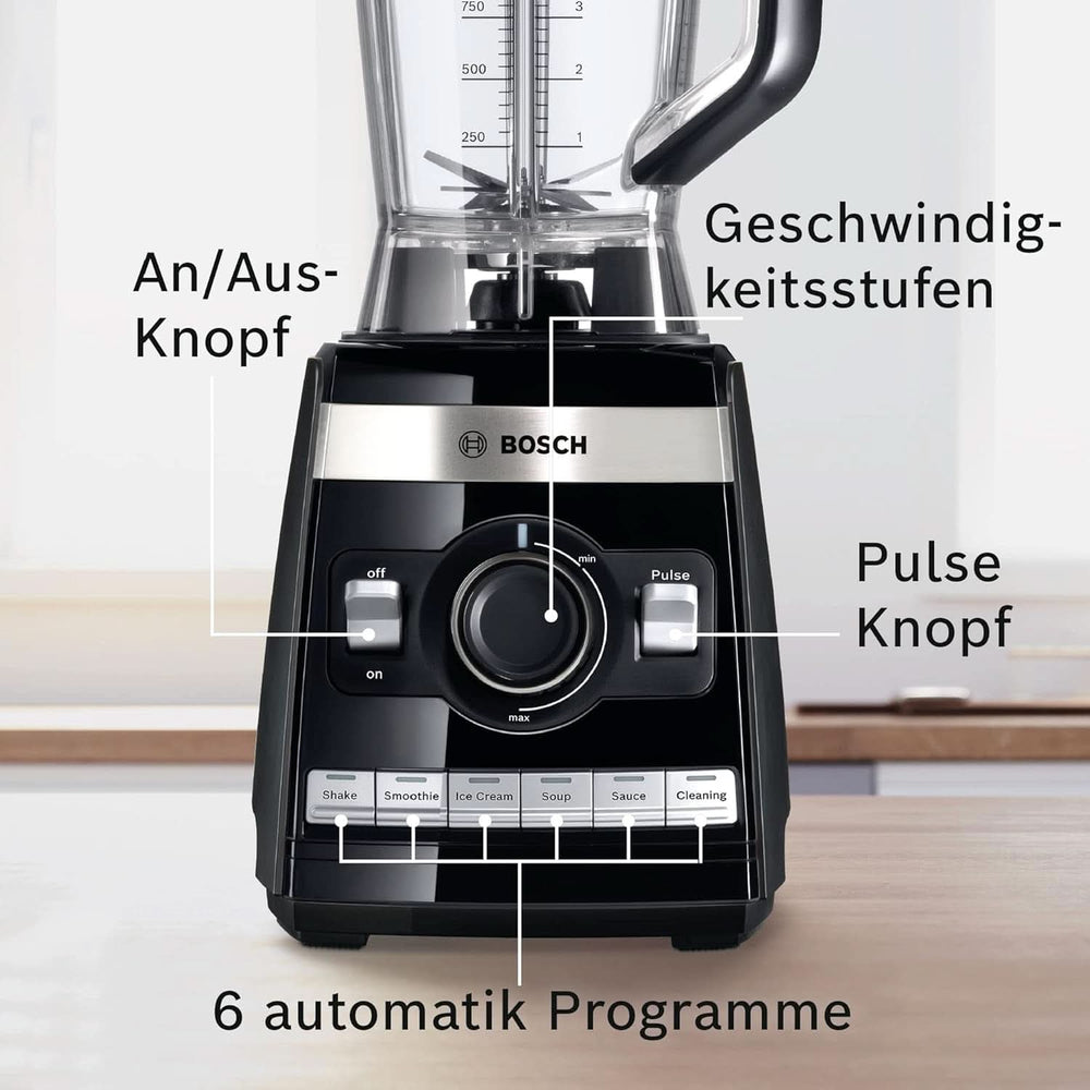 Bosch Standmixer Vitaboost MMBH6P6BDE, 6-Klingen-Edelstahlmesser, 2.5L Tritan-Mixbehälter, Stopfer, 6 Automatikprogramme, Rezeptbuch, Bpa-Frei, Einfache Reinigung, 45.000 U/Min, 1600 W, Schwarz Bucatarie Naty Shop