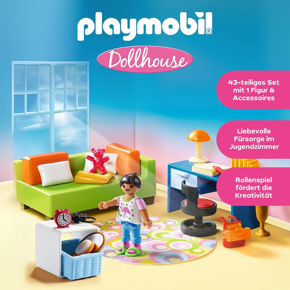 PLAYMOBIL Casă de păpuși 70209 Cameră pentru tineri cu figurină fetiță și accesorii, vârste 4+