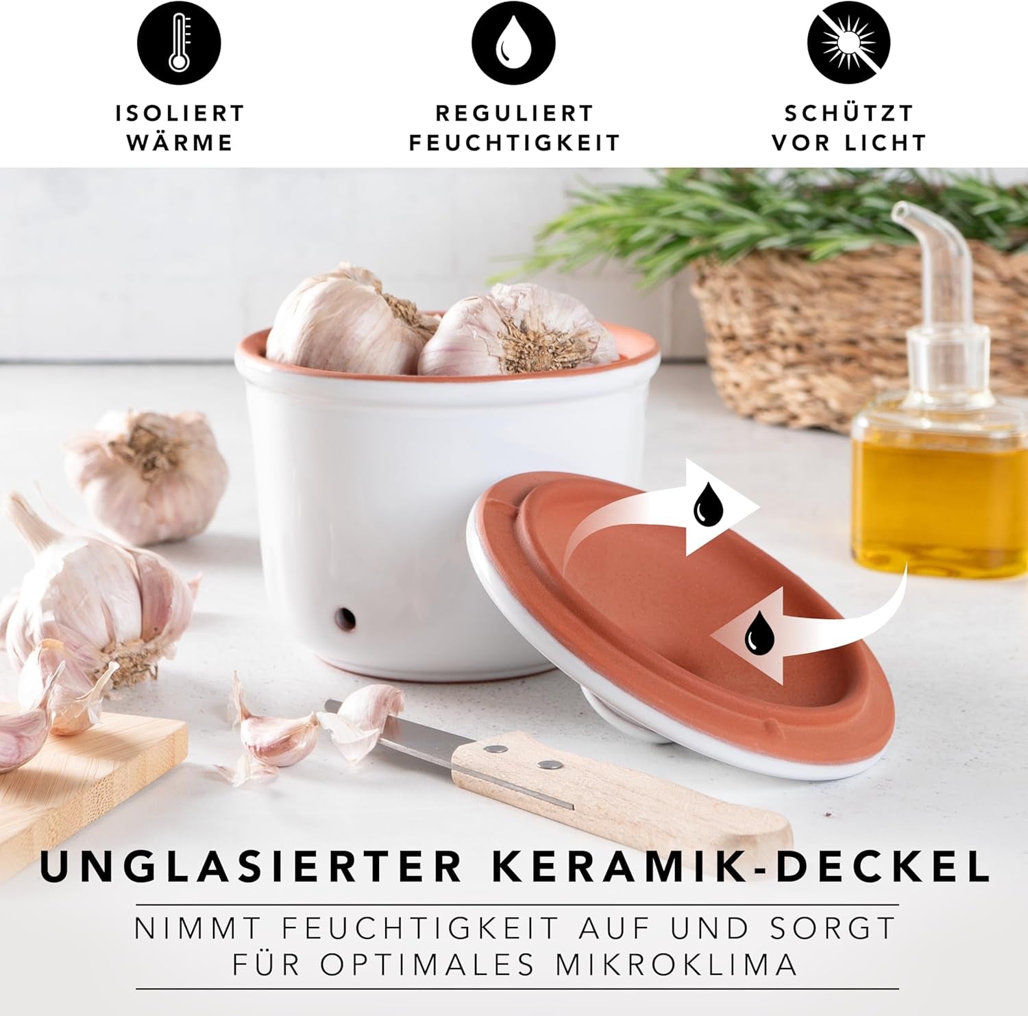 Römertopf Fresh Pot MINI 0,6 litri - Oală de usturoi ceramică - Argila respirabilă păstrează legumele proaspete pentru mai mult timp - Circulație ideală a aerului - Alb Cutii depozitare alimente Naty Shop