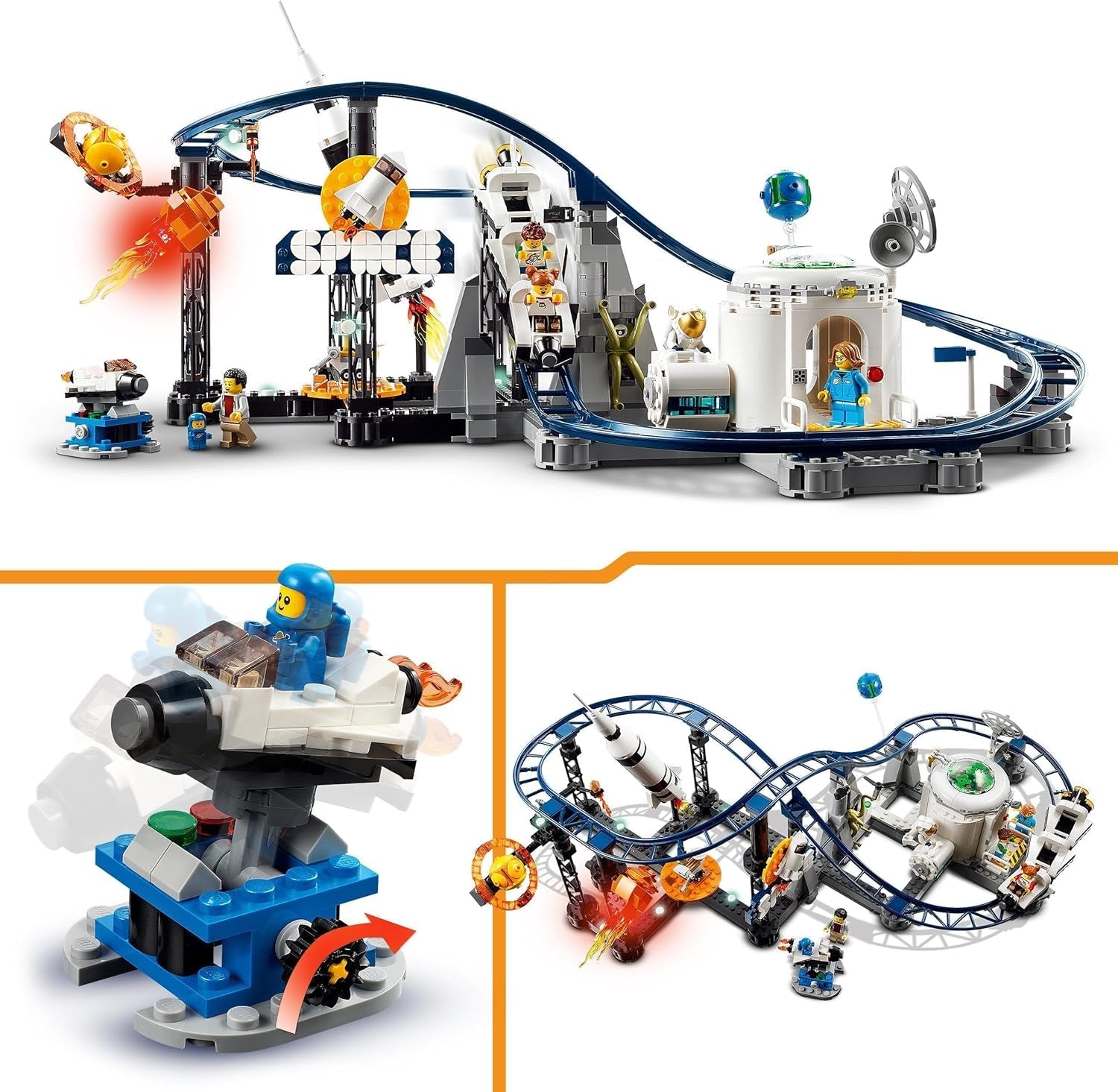 LEGO 31142 Creator 3-in-1-Weltraum-Achterbahn-Spielzeugset für Kinder mit funktionierenden Wagen, lässt sich in einen Freifallturm oder ein Karussell mit Raketen und leuchtenden Steinen umbauen. Besuchen Sie den LEGO-Store