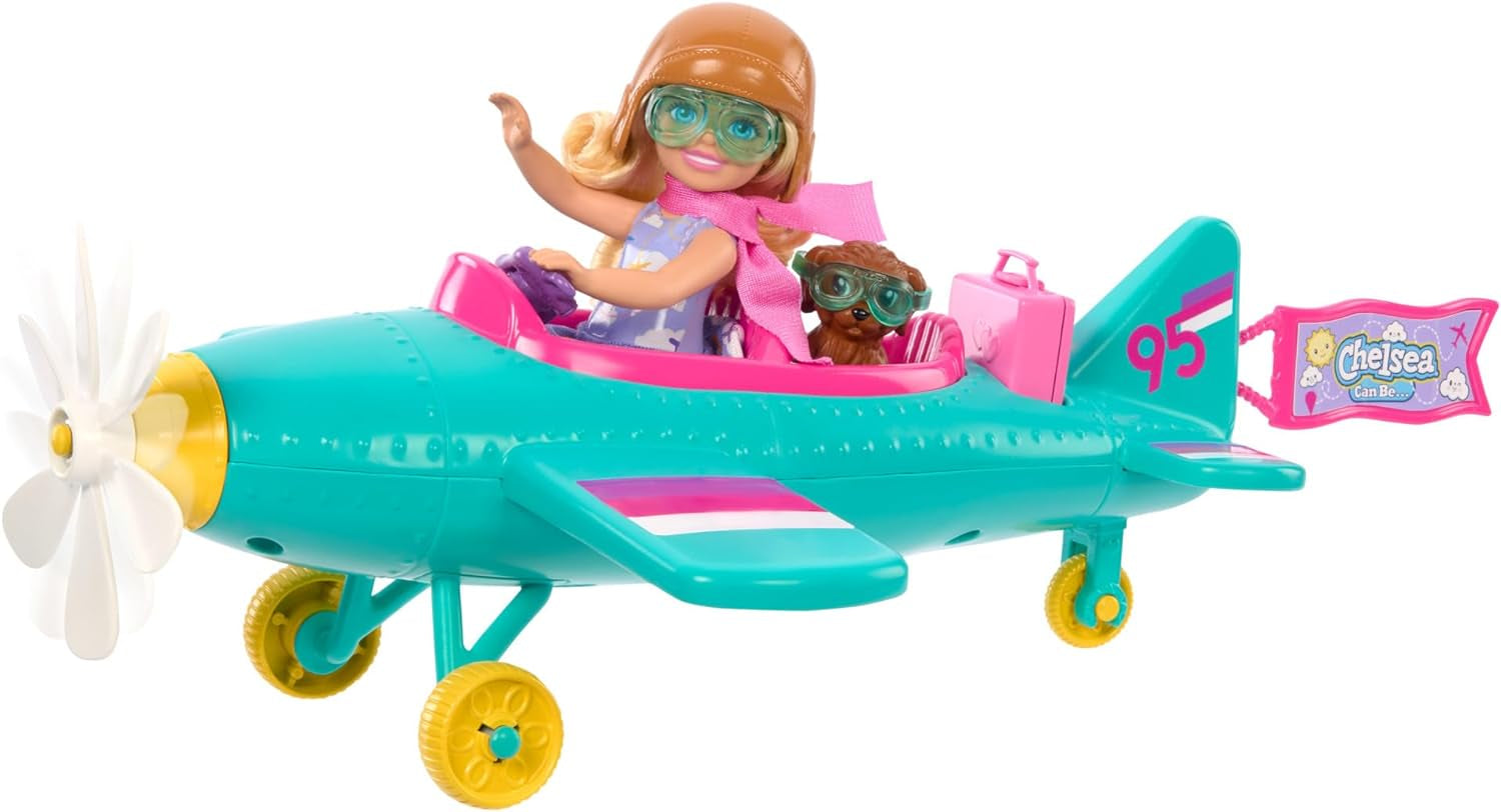 Barbie Chelsea Flugzeugpuppe und Spielset – Pilotenpuppe, Flugzeug, Griff und Story-Zubehör, Räder und Propeller mit Blumenbein, ab 3 Jahren, HTK38 Naty Shop Dolls Standardtitel