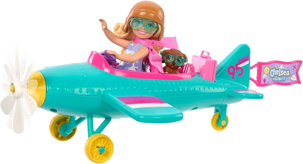 Barbie Chelsea Flugzeugpuppe und Spielset – Pilotenpuppe, Flugzeug, Griff und Story-Zubehör, Räder und Propeller mit Blumenbein, ab 3 Jahren, HTK38 Naty Shop Dolls Standardtitel