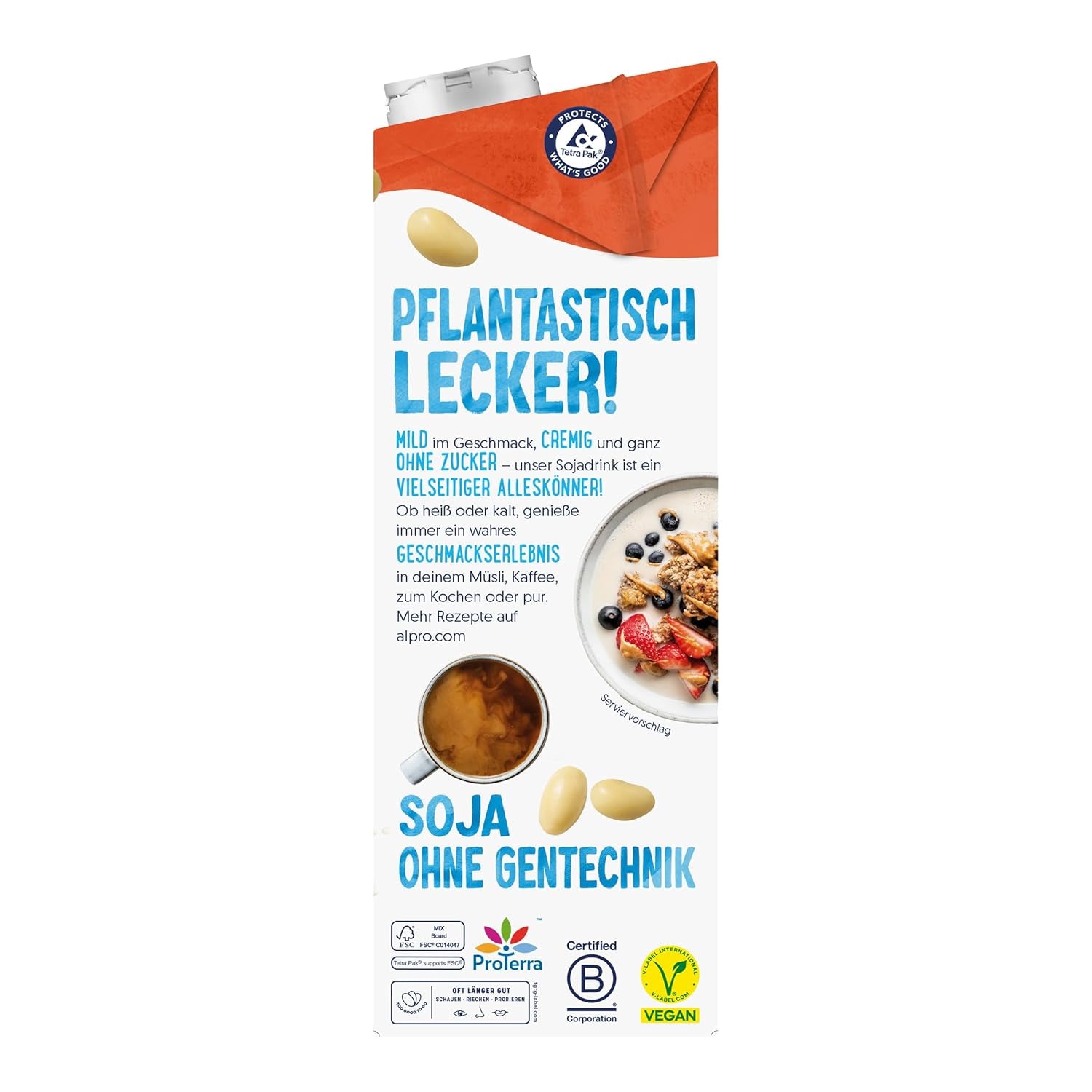 Alpro Sojadrink – Vegan und milchfrei – Von Natur aus laktosefrei und fettarm – Reich an pflanzlichen Proteinen, inhalt Calcium und Vitamine – 8 x 1 L – Haltbar