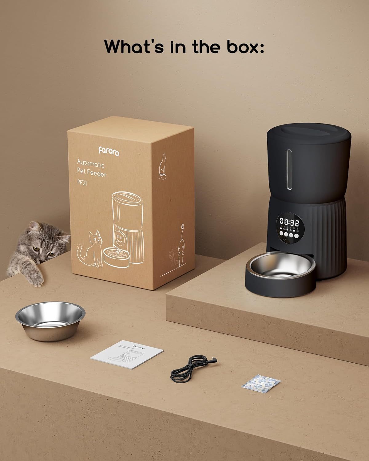 Faroro Futterautomat Katze, 4L Katzenfutter Automat, Futterspender Katze Mit 1–6 Mahlzeiten pro Tag, Portionskontrolle, 10s Sprache, Langsames Futter (Schwarz)