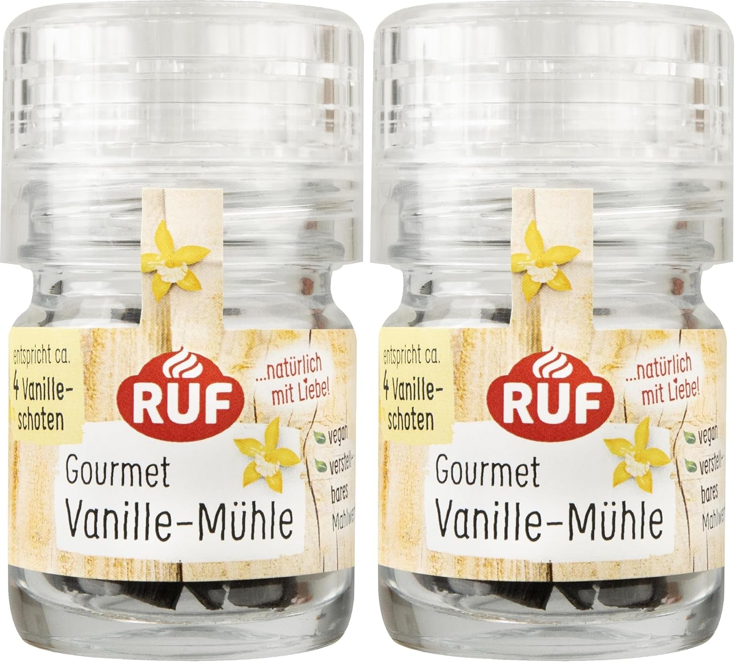RUF Bio Bourbon Vanille-Mühle, Gewürz-Mühle aus aromasicherem Glas, Vegan, Verstellbares Mühlwerk, Vanilleschoten zum Backen und Kochen, 1 x 7,5 g