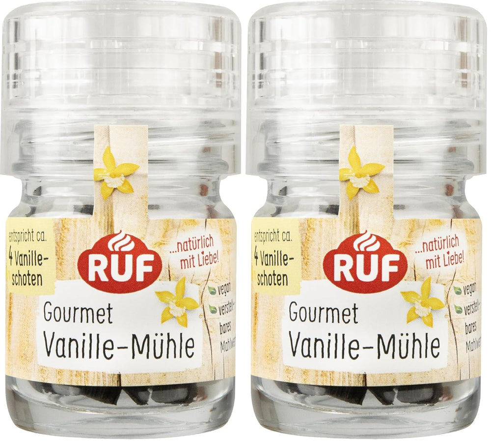 RUF Bio Bourbon Vanille-Mühle, Gewürz-Mühle aus aromasicherem Glas, Vegan, Verstellbares Mühlwerk, Vanilleschoten zum Backen und Kochen, 1 x 7,5 g