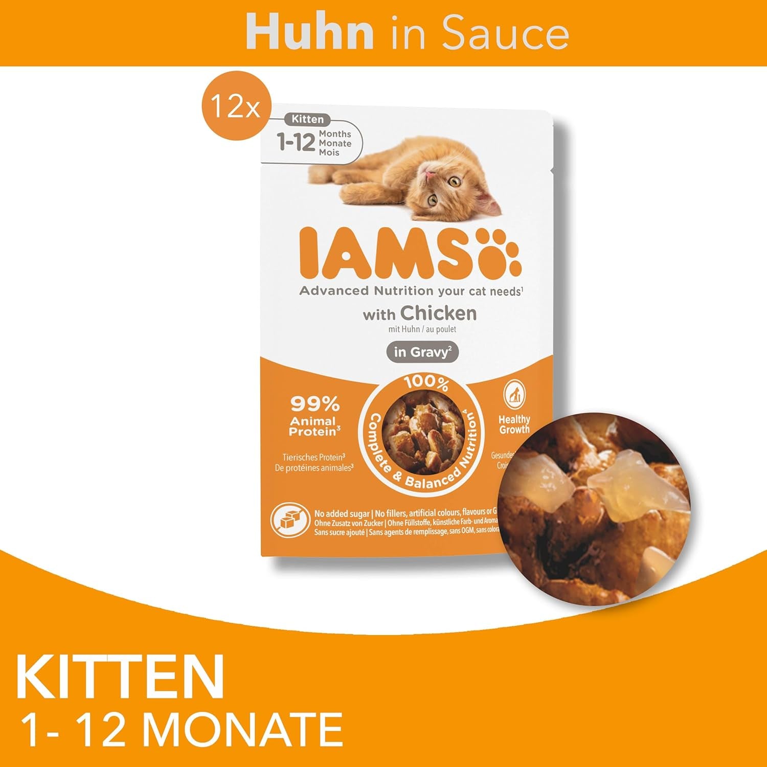 IAMS Delights Kitten Hrană umedă - Multipack Hrană pentru pisici cu pui în sos, hrană de înaltă calitate pentru pisoi junior de la 1-12 luni, 12 X 85G