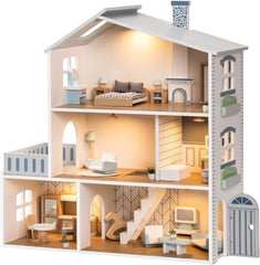 Casă de păpuși din lemn cu lumini, 3 etaje, inclusiv mobilier și scări, jucărie pentru copii cu vârsta de peste 3 ani Casute de papusi Naty Shop Modern