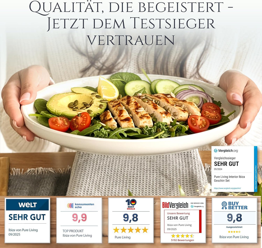 Set de veselă din gresie ceramică, format din 48 de piese, pentru 12 persoane, design Ibiza, CÂȘTIGĂTOR AL TESTULUI. Un set de veselă mediteranean superb, din gresie ceramică, inclusiv boluri și farfurii. Set de veselă Pure Living, bej.