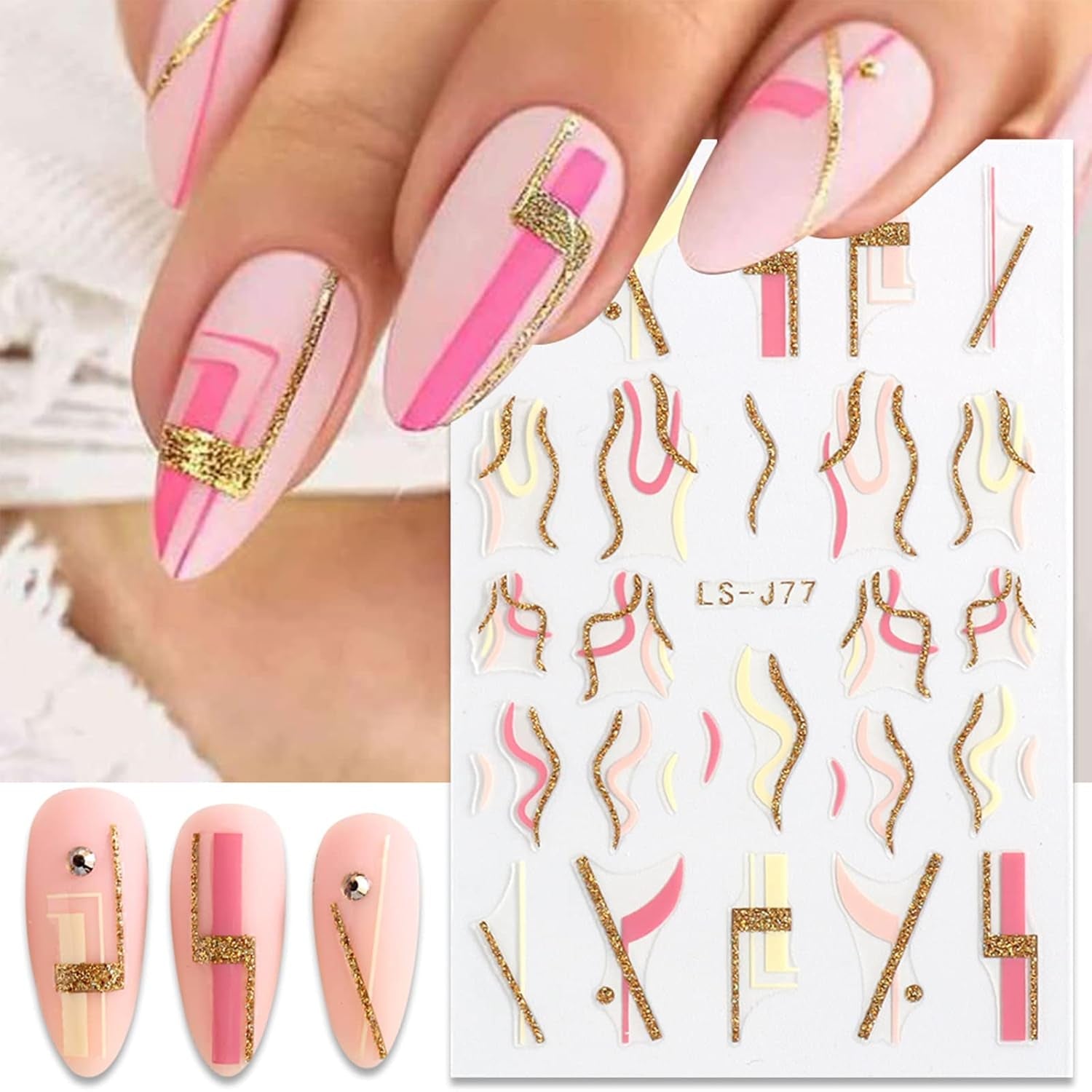 JMEOWIO Nagelsticker Französischer Tipp 9 Blatt Nail Art Sticker Selbstklebend Nagelaufkleber Glitzer Wellenlinie Dekoration Nageldesign Zubehör