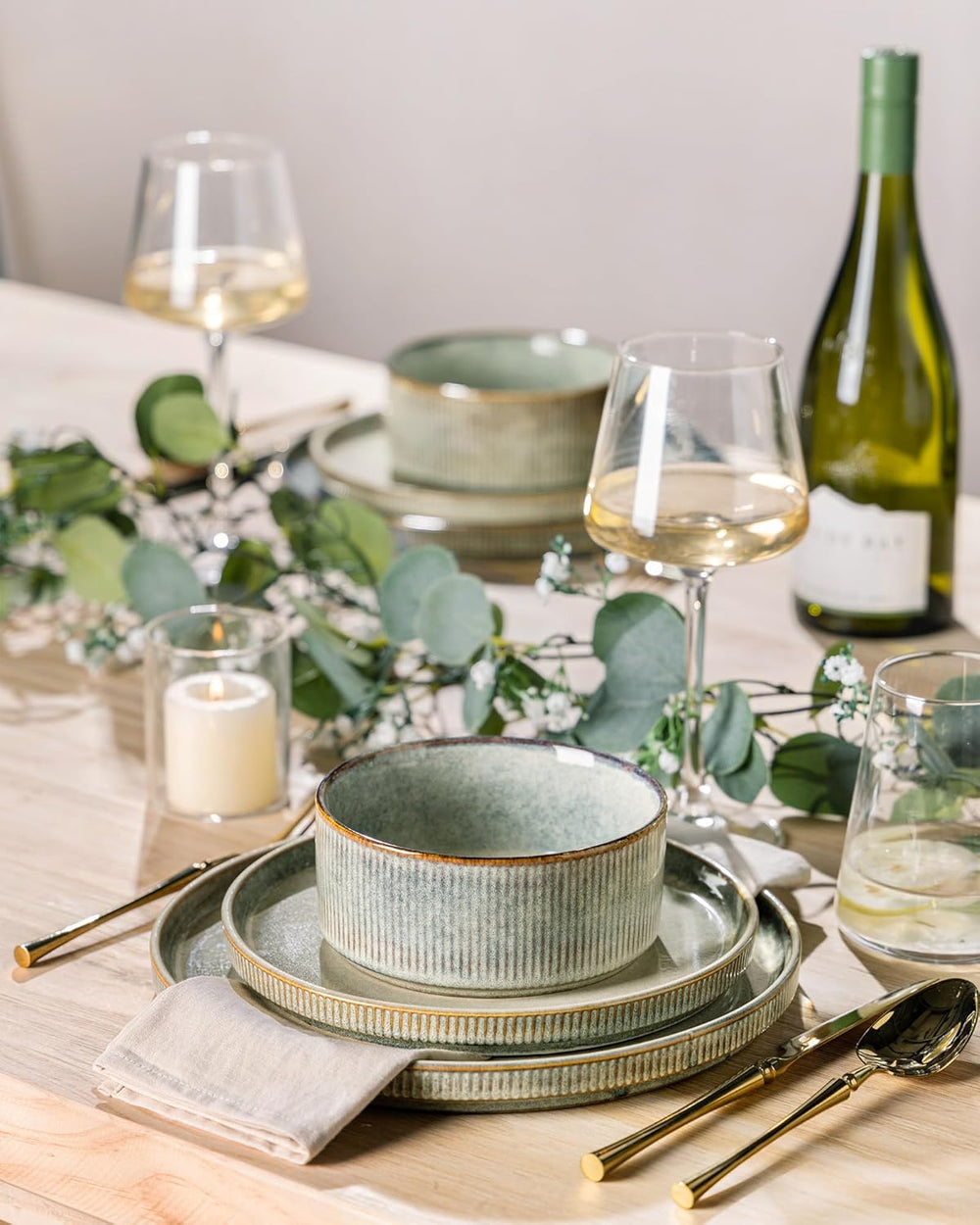 Set de veselă din gresie GBhome pentru 6 persoane, 18 piese, glazură reactivă, set de veselă din gresie lucrat manual, potrivit pentru cuptorul cu microunde și mașina de spălat vase, set de bol și farfurie